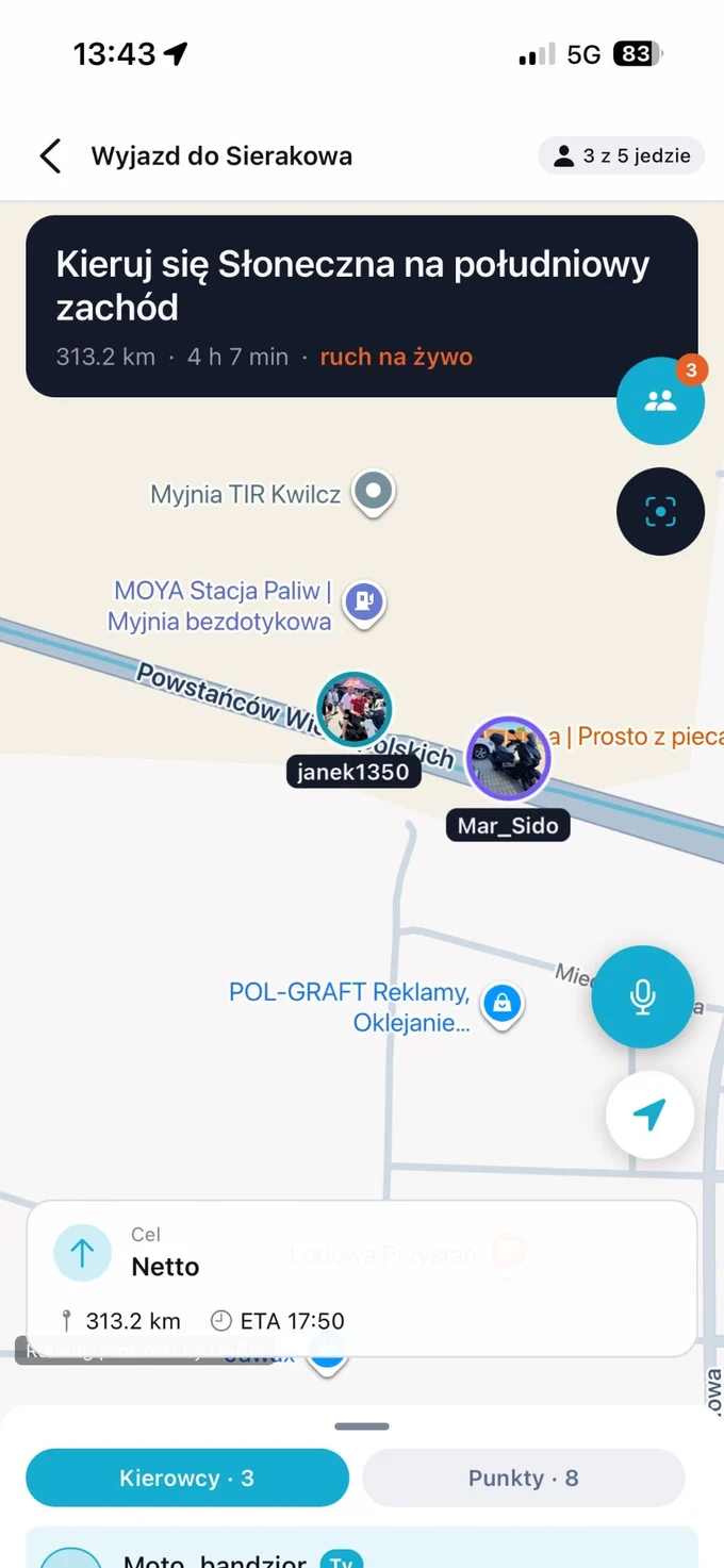 Mapa na żywo w aplikacji Spotlane — pozycje ekipy podczas wspólnego przejazdu