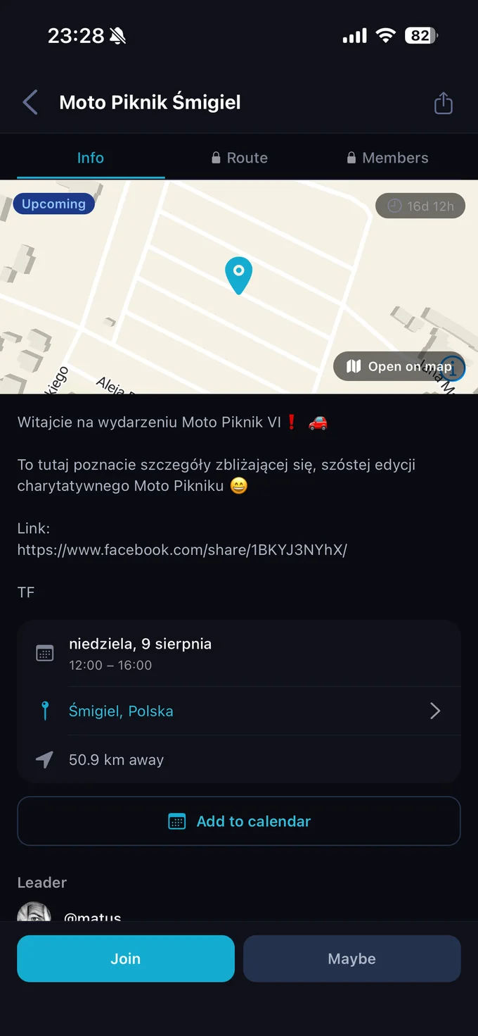 Szczegóły meetupu w aplikacji Spotlane